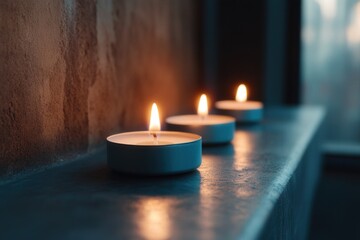 Three lit tealight candles lined up against a dimly lit background, creating a serene and cozy ambiance.