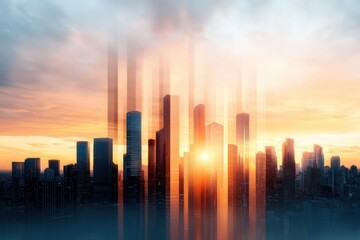 Fototapeta premium Abstract city skyline at sunset with blurred effects, blending architecture and nature in a futuristic urban landscape.