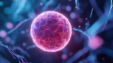 Close-up view of a glowing abstract pink sphere with neural network connections in a digital or biological environment.