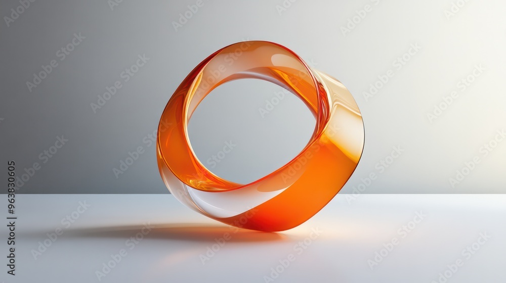 Poster a large orange circle is on a white background. the circle is made of glass and has a unique shape. 