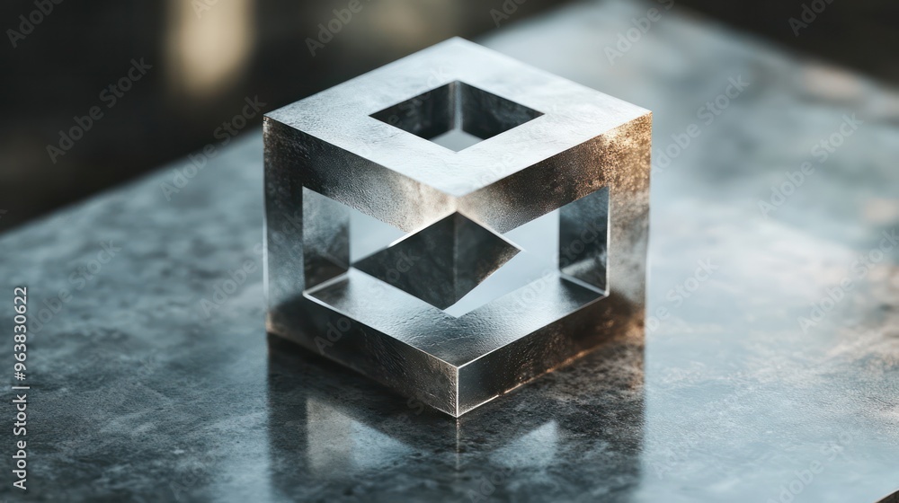 Leinwandbilder a silver cube with a hole in the middle sits on a grey surface. the cube is a simple geometric shape