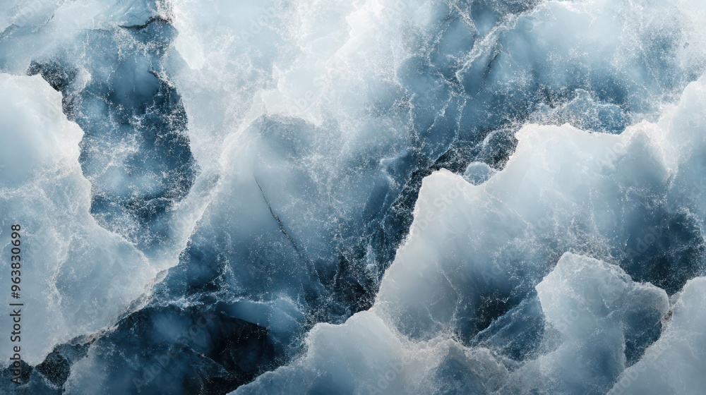 Poster a blue and white image of ice and snow. scene is cold and serene