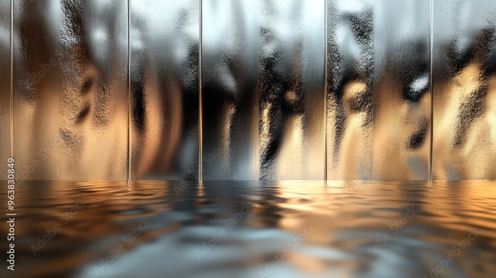 Poster a reflection of a waterfall in a glass window. the water is calm and the reflection is distorted, cr