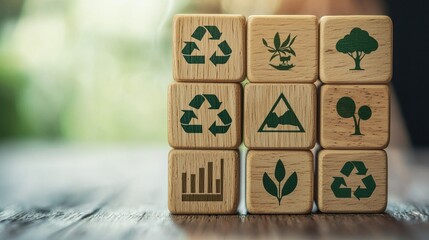 Wooden Cubes with Recycling and Eco Friendly Symbols on Blurred Background