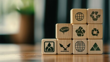 Stacked Wooden Cubes with Recycling and Sustainability Symbols