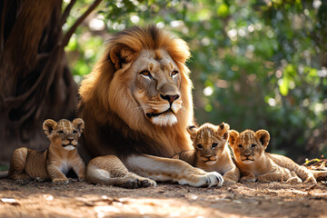 Fototapeta premium A majestic male lion with his three cubs resting in the shade of a tree.