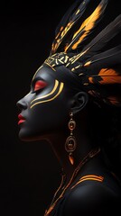 Profile portrait of woman with tribal face paint and headdress, modern indigenous art, black background, vivid colors.