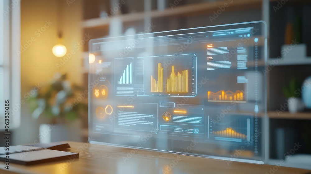 Poster A computer monitor displays a graph with orange lines. The graph is a representation of data and the orange lines indicate a trend. Concept of progress and growth, as the data is being analyzed