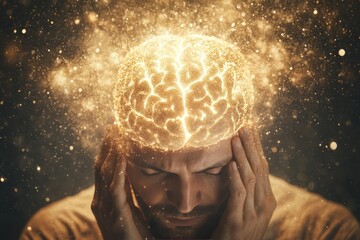 Obraz premium Synaptic transmission neural amplification and feedforward networks glowing human head symbolizing mental overload and neural activity during intense cognitive processes