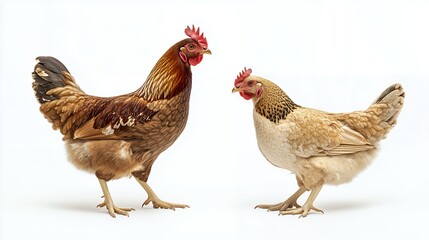 Fototapeta premium Two hens standing side by side, different breeds and colors, white background