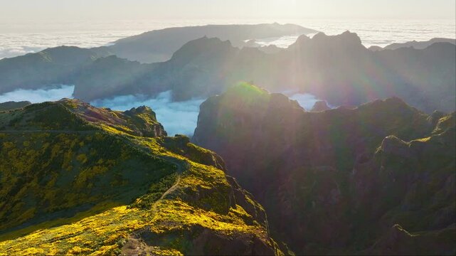 Aerial view at Pico do Arieiro of mountains over clouds with blooming Cytisus shrubs on sunset with sunburst. Madeira island, Portugal. Pull away out dolly retreat shot