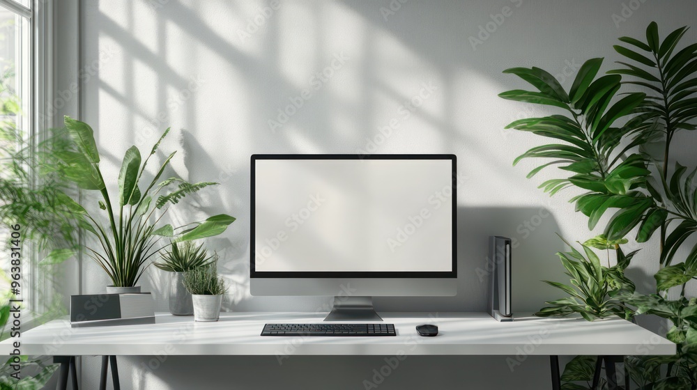 Poster A computer desk with a monitor and keyboard on it. The desk is surrounded by potted plants and a vase