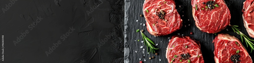 Sticker Top view of four uncooked dry-aged ribeye steaks accompanied by herbs and black salt on a dark surface with room for text.