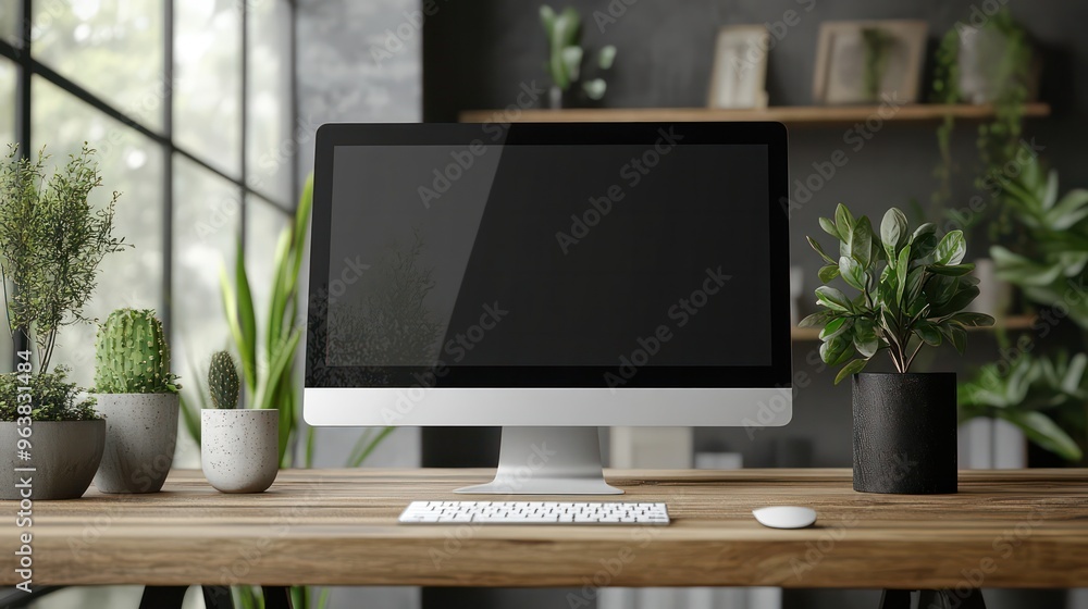 Poster A computer monitor sits on a wooden desk next to a potted plant. The room is filled with greenery, creating a calming and natural atmosphere. The computer monitor is turned off