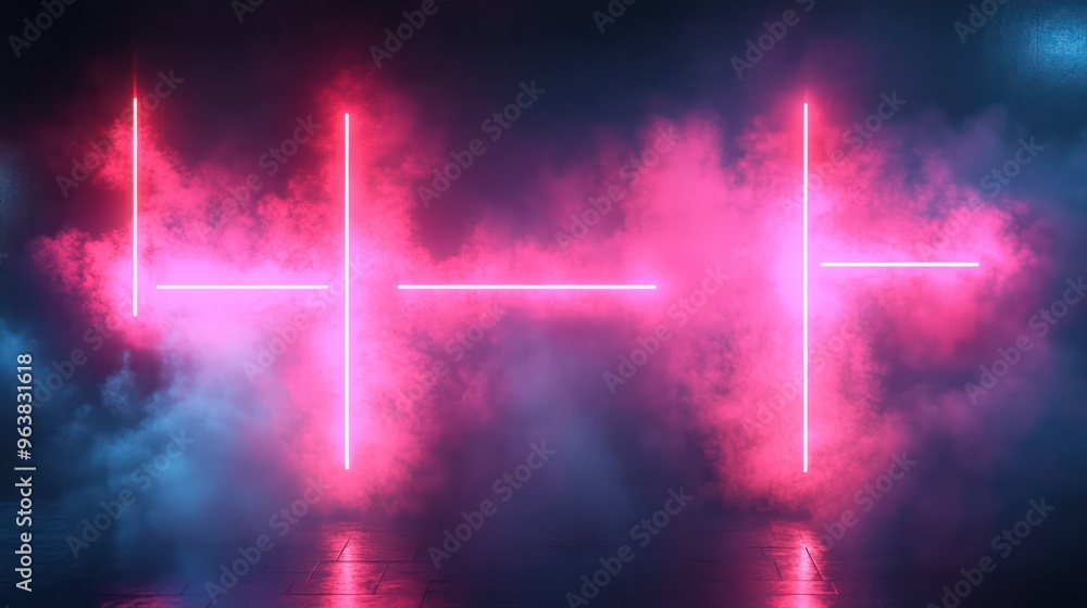 Fototapete A series of red and blue lights are lit up in the air, creating a sense of movement and energy. The smoke and light create a futuristic and otherworldly atmosphere