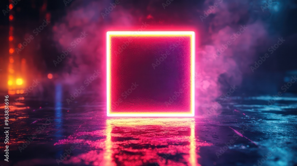 Poster a neon square with a red light shining on it. the square is surrounded by a purple smoke