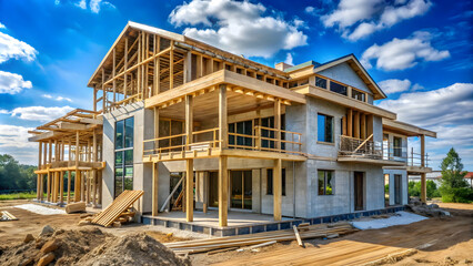 Obraz premium Construction site with partially built house, wooden scaffolding, and blue sky Home under construction, materials on site, bright blue sky, residential setting.