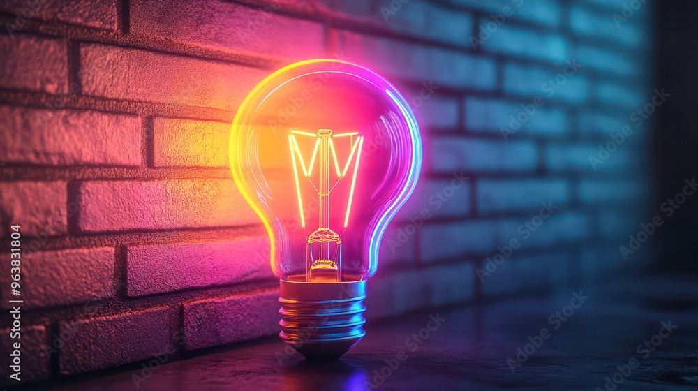Aufkleber a neon light bulb is lit up against a brick wall. the light bulb is glowing in a variety of colors, 