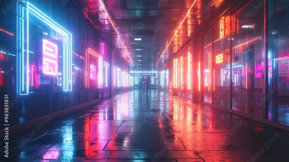 Poster a neon lit hallway with a neon sign that says 