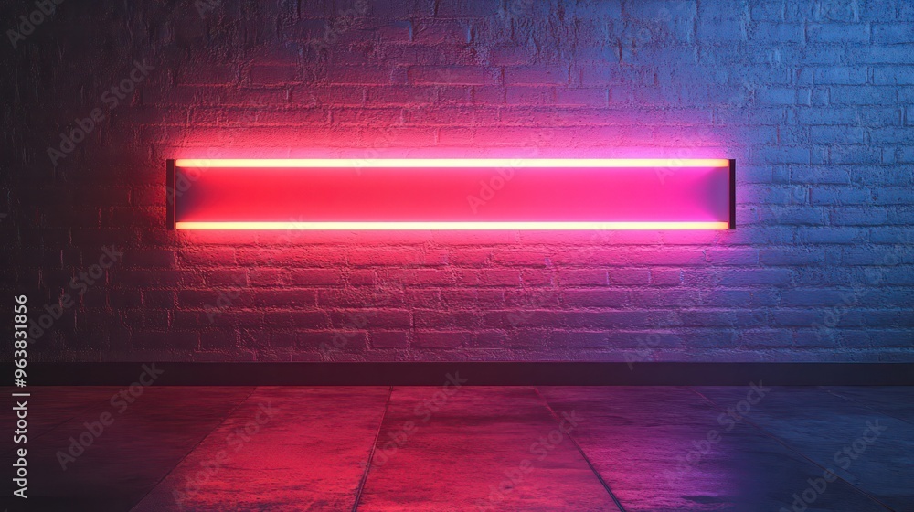Fototapete a neon sign with a red stripe is lit up against a brick wall. the sign is lit up in a neon color, wh