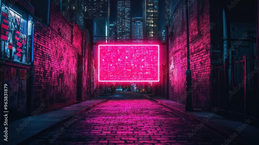 Poster a neon sign is lit up in a dark alleyway. the sign is pink and is illuminated. the alleyway is empty