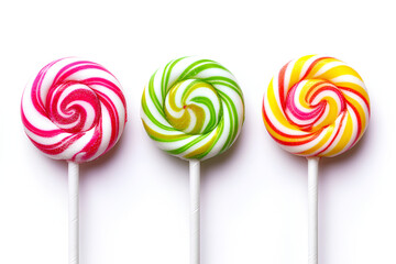 Three colorful swirl lollipops on white background.