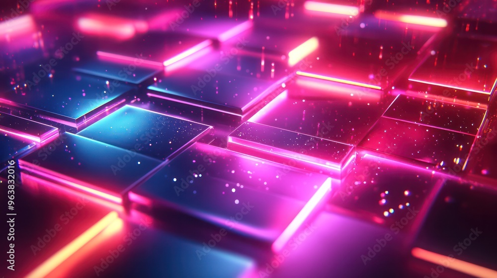 Leinwandbilder A colorful image of neon lights and squares. The image has a futuristic and vibrant mood. The squares are illuminated with different colors, creating a dynamic and eye-catching effect