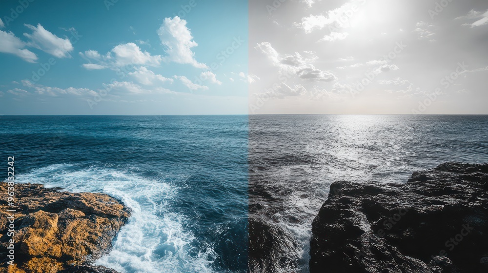 Poster two different views of the ocean, one with a cloudy sky and the other with a clear sky