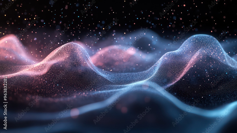 Poster a blue and pink wave of light is shown in the image. the colors are vibrant and the waves are moving
