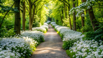 Serene forest path lined with vibrant white flowers.
Sunlit path through a lush green forest, adorned with a carpet of white blooms.
