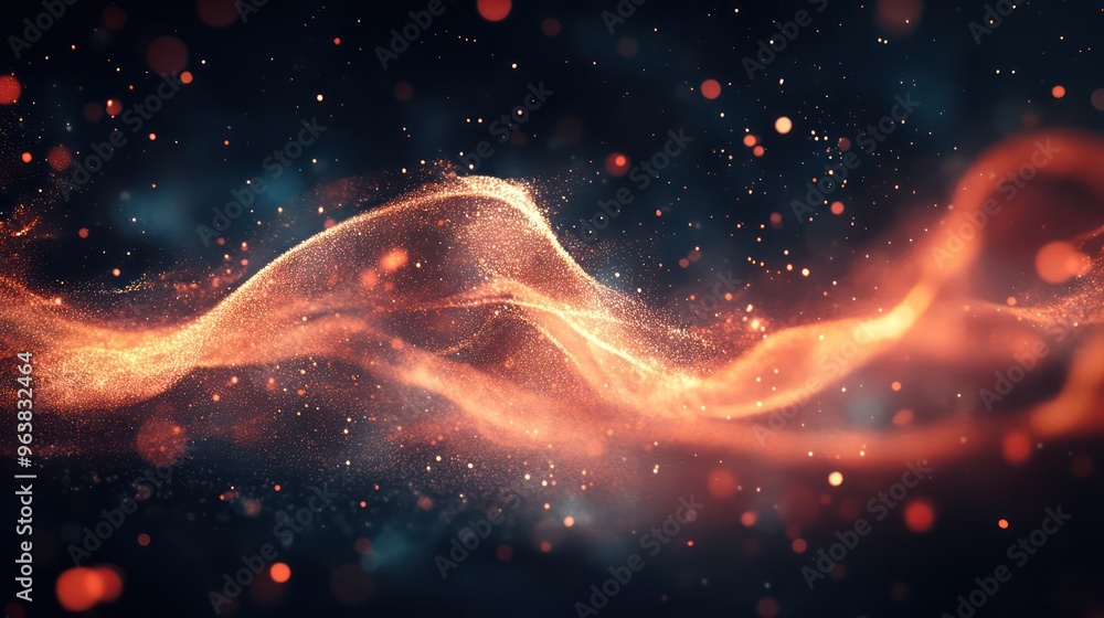 Poster a blurry image of a glowing orange line with a lot of sparkles. the image has a dreamy, ethereal qua