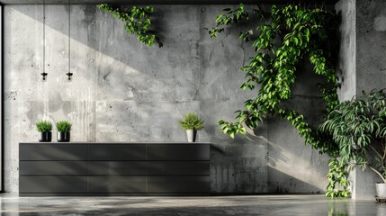 Fototapeta premium Architectural concrete wall with green leaves and black cabinet in loft interior captured in a photo
