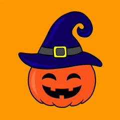 Cute halloween pumpkin vector wearing hat on orange background