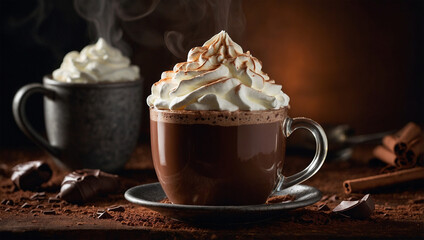 Hot chocolate topped with whipped cream, illuminated by a single light source that accentuates the steam and texture.