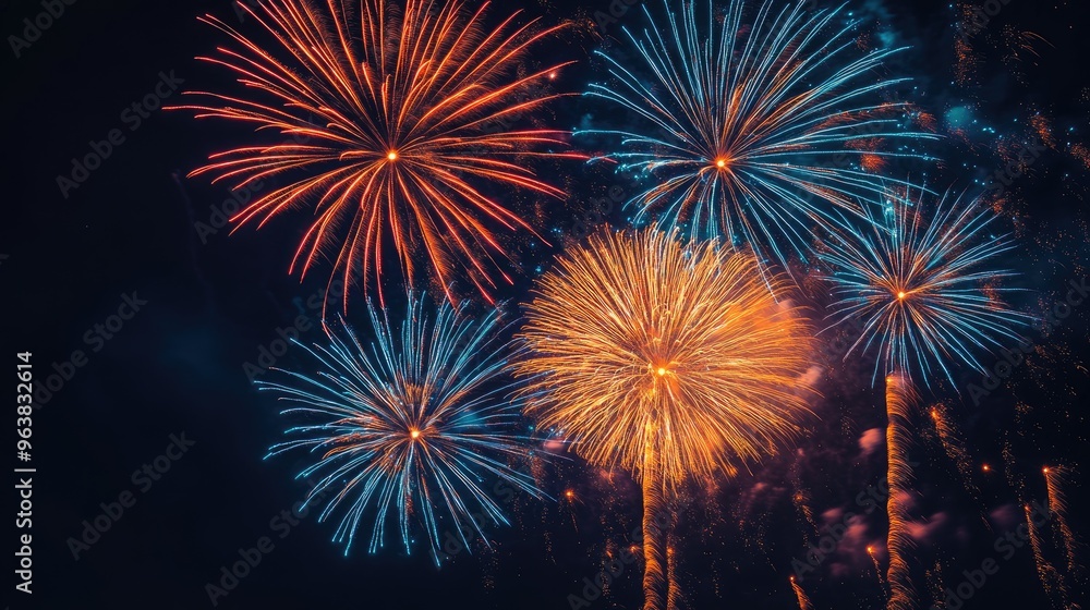 Poster colorful fireworks fill the night sky with light and energy, creating a bold display with plenty of 