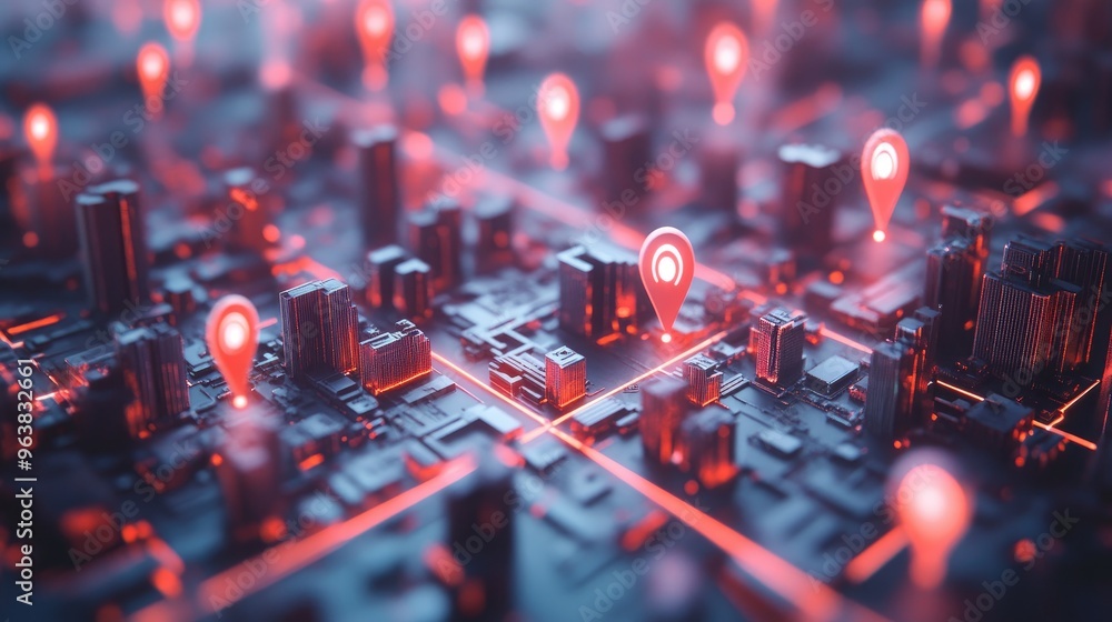 Poster 3d city with abstract connected pins, representing smart navigation and location tracking in a futur