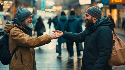 Compassionate gestures in everyday life, featuring a person offering a helping hand to someone in need on a busy street, conveying a moment of kindness and empathy