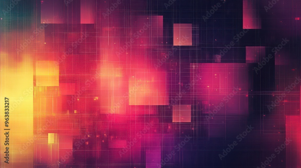 Poster A colorful background with squares and lines. The squares are in different colors and sizes. The background is a mix of red, yellow, and blue. The squares and lines create a sense of movement
