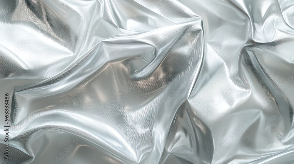 Poster a shiny silver fabric with a pattern of lines. the fabric is very reflective and has a metallic shee