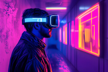 A man wearing a VR headset stands in a futuristic neon-lit hallway, exploring the virtual world.