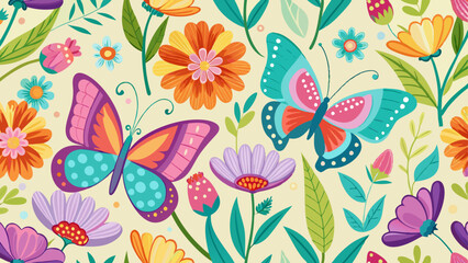 Spring Seamless Pattern with Butterflies and Flowers Vector 