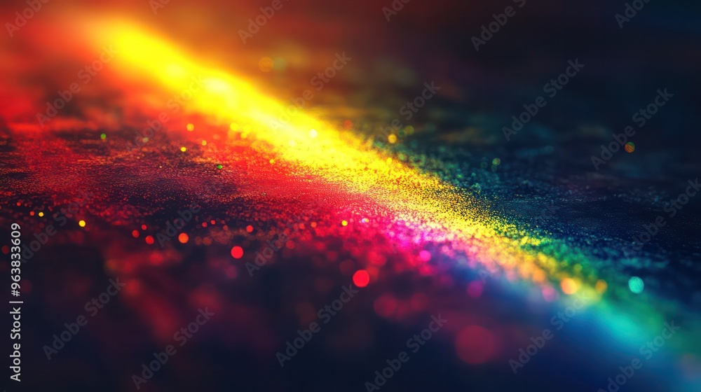 Leinwandbilder A colorful line of dots on a dark background. The dots are of different colors and sizes, creating a sense of movement and energy. The image is abstract and dynamic