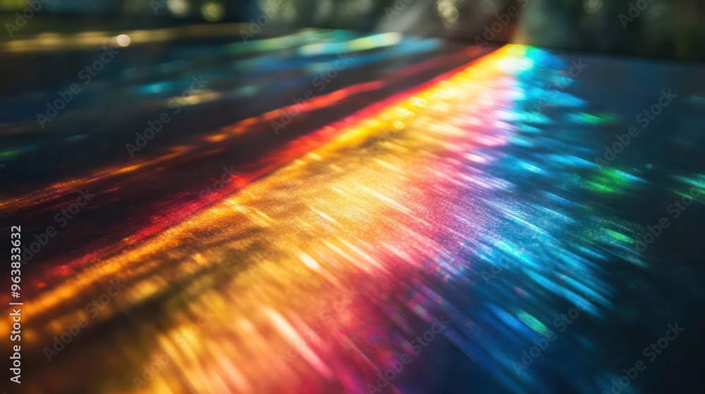 Poster A rainbow is reflected on a surface, creating a colorful and vibrant effect. Concept of wonder and beauty, as well as the fleeting nature of rainbows