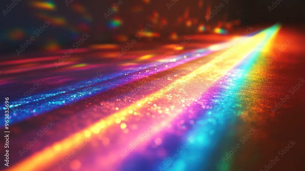 Poster a rainbow of colors is reflected on a red surface. the colors are bright and vibrant, creating a sen