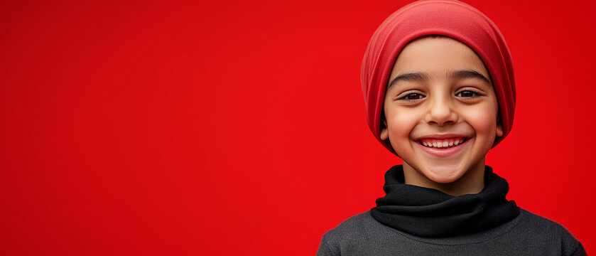 portrait of a boy, casual clothing, red background, empty space for text, banner concept