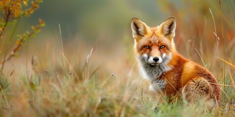 Fototapeta premium Female red fox in the wild within a grassy setting.