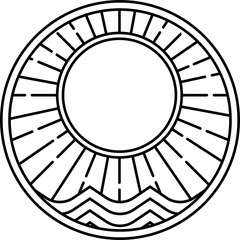 A classic vintage logo in outline style featuring the sun, waves, mountains, and leaves. The design captures the peaceful balance of earth’s natural elements and invites a sense of wonder and serenity