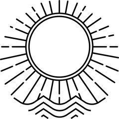A minimalist vintage-style logo combining the sun, rays, ocean waves, and mountains. This nature-inspired design symbolizes the harmonious relationship between the earth, sea, and sky
