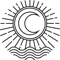 A vintage-inspired outline logo featuring sun, rays, waves, leaves, and mountains. This simple design brings together the elements of nature, creating a serene and adventurous atmosphere