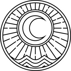 A vintage outline logo with a sun, rays, leaves, waves, and mountains. This nature-themed design celebrates the connection between the elements, symbolizing peace, balance, and adventure